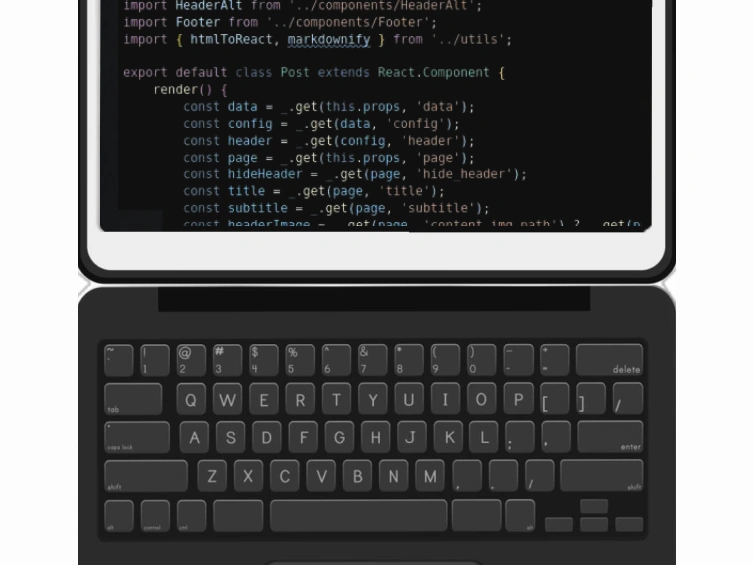 Backend code on a tablet screen above a keyboard