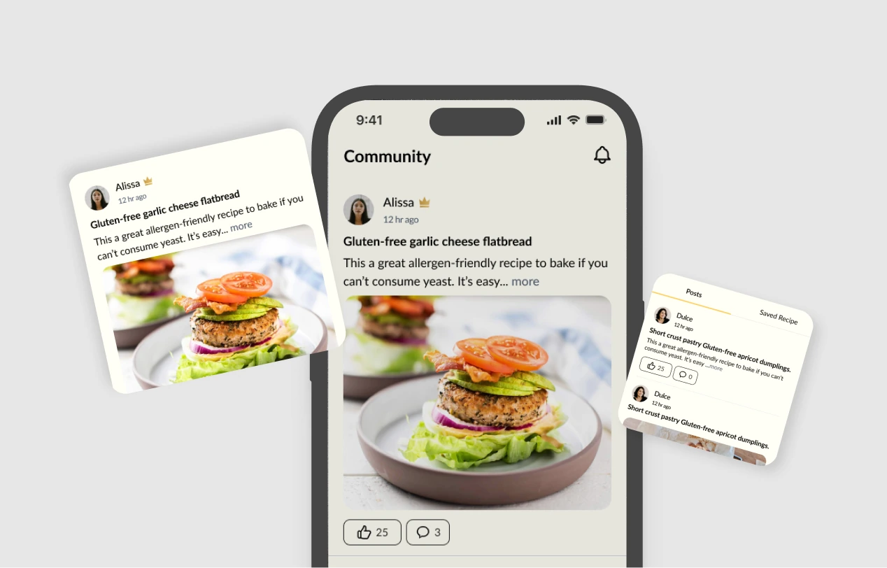 Community recipe app on a phone with post cards