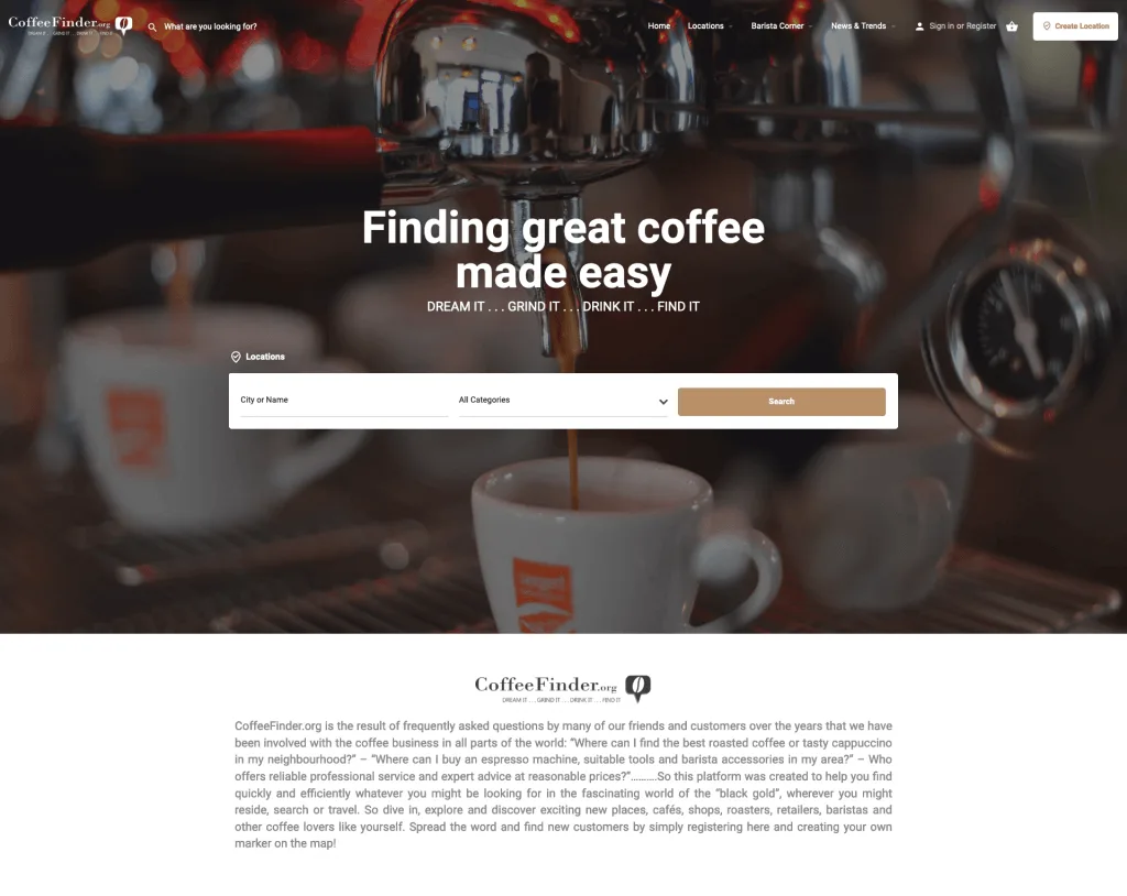 Coffee Finder coffee directory website on desktop and mobile