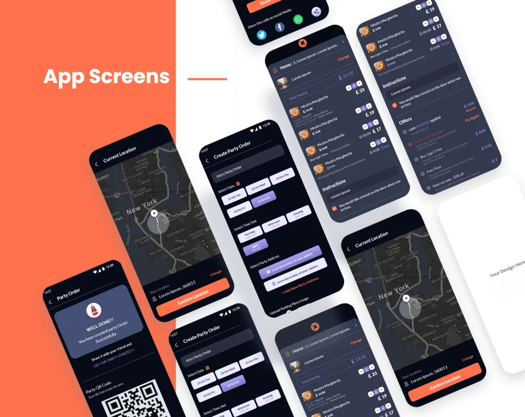 Mostro Pizza ordering and delivery app screens